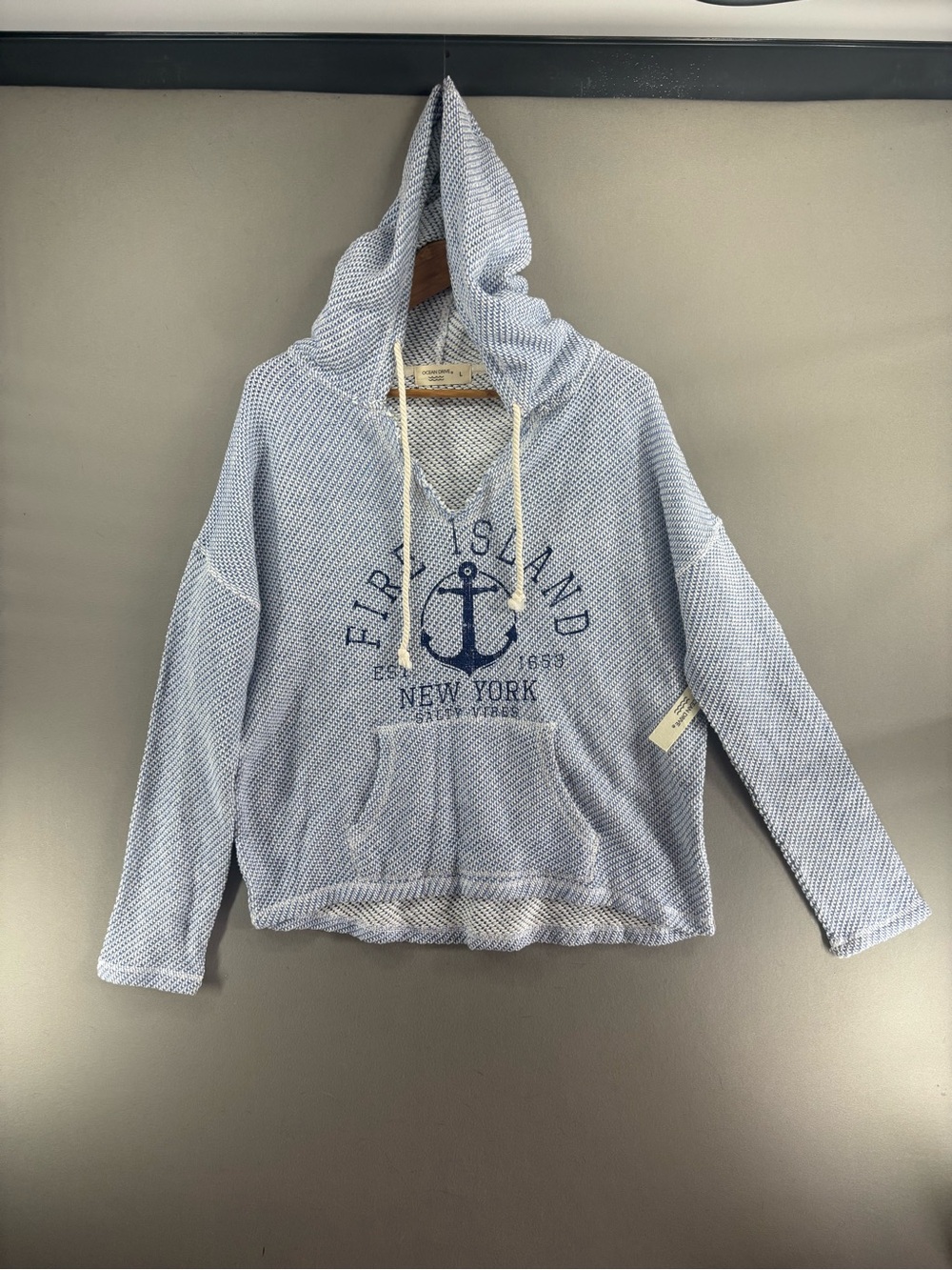 Ocean Drive Women Hoodie Pullover Blue/White Size Large Fire Island NY Nwt